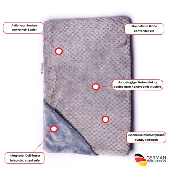 Grau Haustierdecke mit einer doppelten Wabenstruktur, aktivem Haarbarriere, umwandelbarer Größe und integriertem Geruchsverschluss.