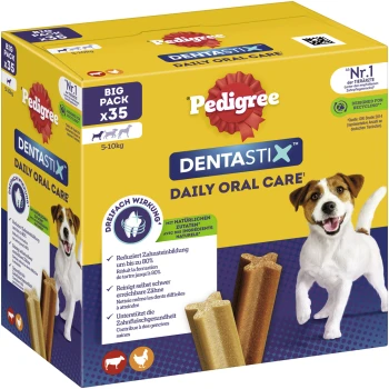 Pedigree Dentastix Daily Oral Care Großpackung mit 35 Snacks für Hunde mit einem Gewicht von 5-10 kg, mit einem Hundebild und Nährwertangaben.
