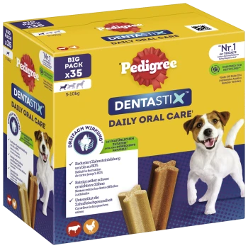 Pedigree Dentastix Daily Oral Care duża paczka zawierająca 35 przysmaków dla psów ważących 5-10 kg, z obrazem psa i informacjami żywieniowymi.