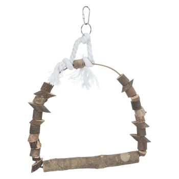 Holzvogelstange mit einer verdrehten Seilbefestigung und verschiedenen Holzformen für Textur, ideal für Haustiervögel.