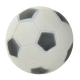 Un ballon de football en caoutchouc avec un motif hexagonal noir et blanc classique, légèrement usé avec des marques d'usure visibles.