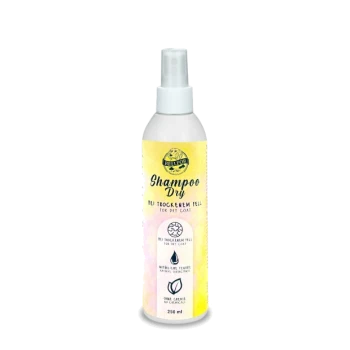 Sprühflasche für trockenes Haustiershampoo mit gelbem und weißem Etikett, beschriftet "Shampoo Dry" für trockenes Fell, 250 ml.