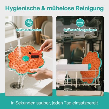 Orangefarbene, blumenförmige Silikon-Reinigungsmatte für Haustiere mit zentraler Bürste, abgespült und im Geschirrspüler; Text: 'Hygienische & mühelose Reinigung'.