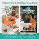 Orangefarbene, blumenförmige Silikon-Reinigungsmatte für Haustiere mit zentraler Bürste, abgespült und im Geschirrspüler; Text: 'Hygienische & mühelose Reinigung'.