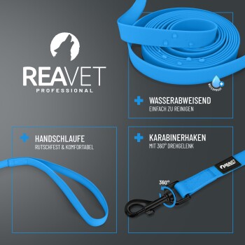 Blaue wasserdichte Hundeleine mit komfortabler Handschlaufe und 360° drehbarem Karabinerhaken, REAVET Professional Logo.