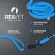 Blaue wasserdichte Hundeleine mit komfortabler Handschlaufe und 360° drehbarem Karabinerhaken, REAVET Professional Logo.