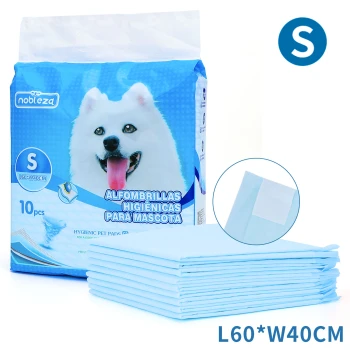 Packung mit 10 kleinen hygienischen Haustierunterlagen, mit einem lächelnden weißen Hund auf der Verpackung, mit den Abmessungen L60*B40CM.