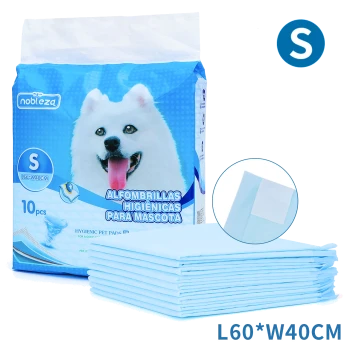 Packung mit 10 kleinen hygienischen Haustierunterlagen, mit einem lächelnden weißen Hund auf der Verpackung, mit den Abmessungen L60*B40CM.