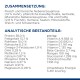 Deutsches Tierfutteretikett mit 'Zusammensetzung' und 'Analytische Bestandteile' mit Angabe Protein 38,0 %, Fett 13,7 %, Energie 3.461 kcal/kg.