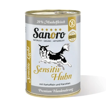 Dose Sanoro Hundefutter mit der Aufschrift "Sensitiv Huhn" mit Huhn, Kartoffeln und Karotten; zeigt eine springende Hundegrafik und "Premium Hundenahrung."