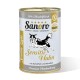 Dose Sanoro Hundefutter mit der Aufschrift "Sensitiv Huhn" mit Huhn, Kartoffeln und Karotten; zeigt eine springende Hundegrafik und "Premium Hundenahrung."