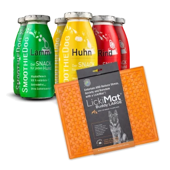 Vier bunte Smoothie-Flaschen mit den Aufschriften "Lamm," "Huhn," und "Rind" neben einem orangefarbenen LickiMat Buddy LARGE, die Haustiersnacks bewerben.