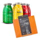 Vier bunte Smoothie-Flaschen mit den Aufschriften "Lamm," "Huhn," und "Rind" neben einem orangefarbenen LickiMat Buddy LARGE, die Haustiersnacks bewerben.