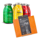 Vier bunte Smoothie-Flaschen mit den Aufschriften "Lamm," "Huhn," und "Rind" neben einem orangefarbenen LickiMat Buddy LARGE, die Haustiersnacks bewerben.