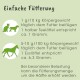 Infografik zu Fütterungsrichtlinien für Haustiere in deutscher Sprache, die tägliche Futterergänzungen basierend auf dem Gewicht detailliert, mit Illustrationen einer Katze und eines Hundes.