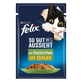 Felix kattenvoer zakje met een speelse zwart-witte kat die door de verpakking gluurt, gelabeld 'So gut wie es aussieht mit Kaninchen in Gelee.'