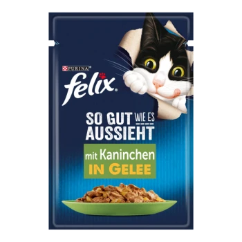 Felix Katzenfutterbeutel mit einer verspielten schwarz-weißen Katze, die durch die Verpackung schaut, beschriftet mit "So gut wie es aussieht mit Kaninchen in Gelee."