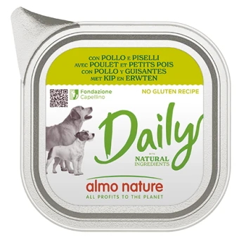 Emballage de nourriture humide pour chiens avec un chien et un chiot, étiqueté "Daily" avec des ingrédients naturels, du poulet et des pois, recette sans gluten.