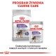 Opakowanie karmy dla psów Royal Canin Sterilised, z torbą suchej karmy oznaczoną jako "MINI" i saszetką mokrej karmy, obie promujące utrzymanie wagi.