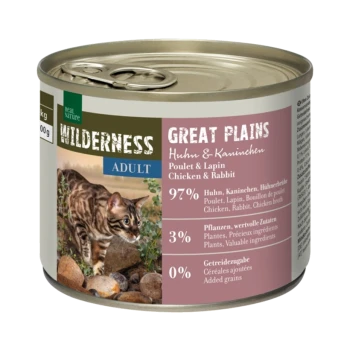 Nourriture pour animaux en conserve étiquetée "Wilderness Great Plains" pour adultes, contenant du poulet et du lapin, avec 97 % de viande et 3 % d'ingrédients végétaux.