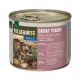 Dose mit Haustierfutter, beschriftet mit "Wilderness Great Plains" für Erwachsene, mit Huhn und Kaninchen, 97% Fleischanteil und 3% pflanzlichen Zutaten.