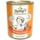 Eine Dose Betty's Landhausküche Katzenfutter mit einer Frau, die kocht, und einer Katze, beschriftet mit 'Mit Ente & Taurin' und 'Extra viel Fleisch.'