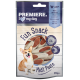 Un paquet de friandises en pâte de viande "Premiere I Love My Dog", mettant en vedette un corgi heureux, avec un texte indiquant "Poulet avec poisson" et "Snack amusant."