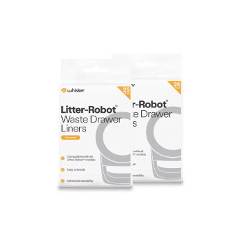 Zwei Packungen Whisker Litter-Robot Abfallbehälterbeutel, 25er-Pack, weiße Verpackung mit Produktname und orangem 25er-Abzeichen.