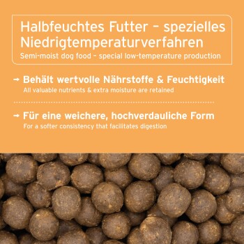 AniForte weiches Haustierfutter, das runde, dunkelbraune Kibbles zeigt, mit Symbolen, die die Vorteile von getreidefreiem Futter und Feuchtigkeitsbindung anzeigen.