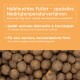 AniForte weiches Haustierfutter, das runde, dunkelbraune Kibbles zeigt, mit Symbolen, die die Vorteile von getreidefreiem Futter und Feuchtigkeitsbindung anzeigen.