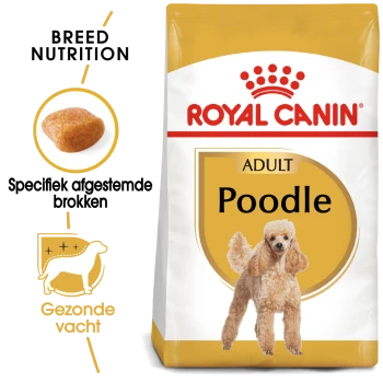 Royal Canin Adult Poodle hondenvoerzak met een illustratie van een poedel, met tekst die de voeding voor het ras en een gezonde vacht benadrukt.