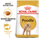 Royal Canin Adult Poodle hondenvoerzak met een illustratie van een poedel, met tekst die de voeding voor het ras en een gezonde vacht benadrukt.