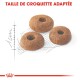 Trois croquettes rondes pour animaux de compagnie avec un trou au centre, affichées sur un léger croquis de mesure, avec le texte "TAILLE DE CROQUETTE ADAPTÉE" au-dessus.