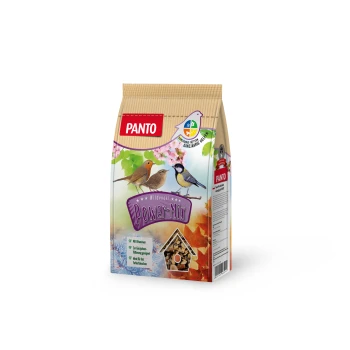 Wildvogel-Power-Mix 20kg Eine Tüte Panto Wildvogel Power-Mix Vogelfutter mit bunten Vogelillustrationen und Text über Vitamine für die ganzjährige Fütterung.