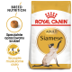 Torba karmy dla kotów Royal Canin dla kotów syjamskich, z syjamskim kotem na przodzie, z tekstem podkreślającym "Dorosły" i "Odżywianie rasowe."