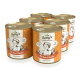 Sechs Dosen von Betty's Landhausküche Katzenfutter mit einem Design in Orange und Weiß, beschriftet "Mit Ente & Taurin" für Katzen.