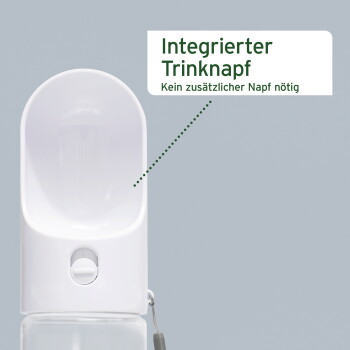 Weißer Haustier-Wasserspender mit einer Dosierkontrollknopf, mit dem Text "Leicht dosierbar" und Anweisungen auf Deutsch.