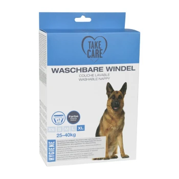 Verpackung für eine waschbare Hundewindel, mit einem Deutschen Schäferhund und Größeninformationen (XS-XL) für Hunde von 25-40 kg auf Deutsch und Englisch.