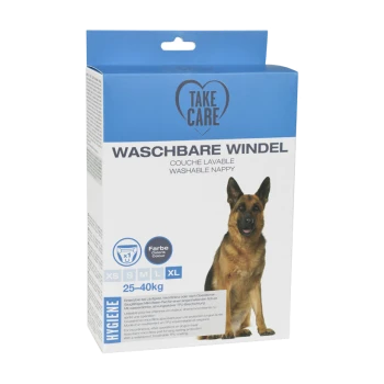 Verpackung für eine waschbare Hundewindel, mit einem Deutschen Schäferhund und Größeninformationen (XS-XL) für Hunde von 25-40 kg auf Deutsch und Englisch.
