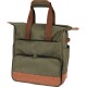 Sac de transport pour animaux de compagnie vert olive avec des accents marron, présentant deux poignées supérieures, une poche zippée à l'avant et des poches latérales pour le rangement.