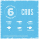 Fond bleu avec le texte "6 PRINCIPAUX INGREDIENTS CRUS" et des illustrations de six poissons : sardine, merlu, maquereau, plie, sébaste, fausse limande.