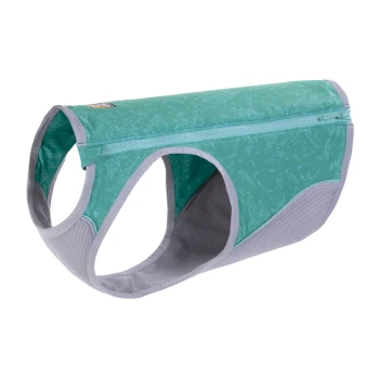 Ein türkisfarbenes Haustiergeschirr mit einer Reißverschlusstasche und grauen Mesh-Akzenten, entworfen für Komfort und Bequemlichkeit.