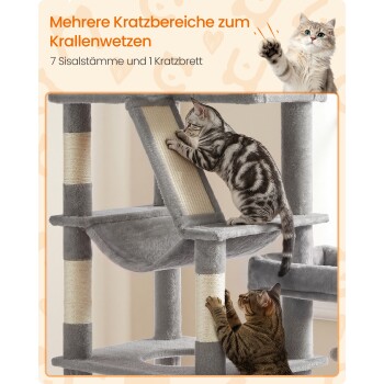 Zwei Katzen auf einem grauen Katzenbaum mit Sisalstämmen; deutsche Überschrift „Mehrere Kratzbereiche“ und „7 Sisalstämme und 1 Kratzbrett“.