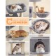 Eine Collage von Katzen auf einem grauen Katzenbaum mit mehreren Ebenen, Kratzpfosten und gemütlichen Ruheplätzen. Der Text lautet 'Jeden Moment GENIEßEN.'