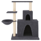 Grau Katzenbaum mit zwei Ebenen, einer gemütlichen Hängematte, Kratzpfosten und zwei geschlossenen Verstecken. Ideal für Katzen zum Spielen und Ausruhen.
