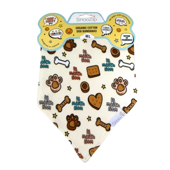 SnooZip organic cotton dog bandana (M/L) cream print with bones, pawprints, treats, stars and repeated text "Is maith liom"