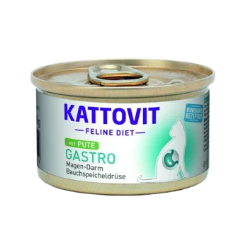 Kattovit Feline Diet Dosenfutter für Katzen mit Truthahn, gekennzeichnet mit "Gastro", für die Verdauungsgesundheit, mit einer Katzensilhouette und Nährwertinformationen.