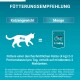 Fütterungsempfehlung für Katzen: 4 kg Katze = 2-3 Portionsbeutel PURINA ONE pro Tag, auf mindestens 2 Mahlzeiten verteilt.