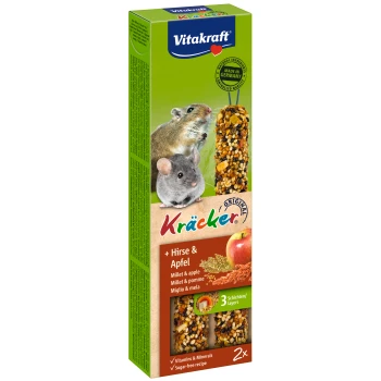 Pudełko przysmaków dla zwierząt Vitakraft Kräcker z dwoma patykami z prosa i jabłka, z myszką i myszką na froncie, podkreślające witaminy i minerały.