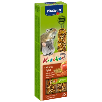 Vitakraft Kräcker Haustier-Leckerli-Box mit zwei Hirse- und Apfelstangen, mit einem Zwerghamster und einer Maus auf der Vorderseite, die Vitamine und Mineralien hervorhebt.